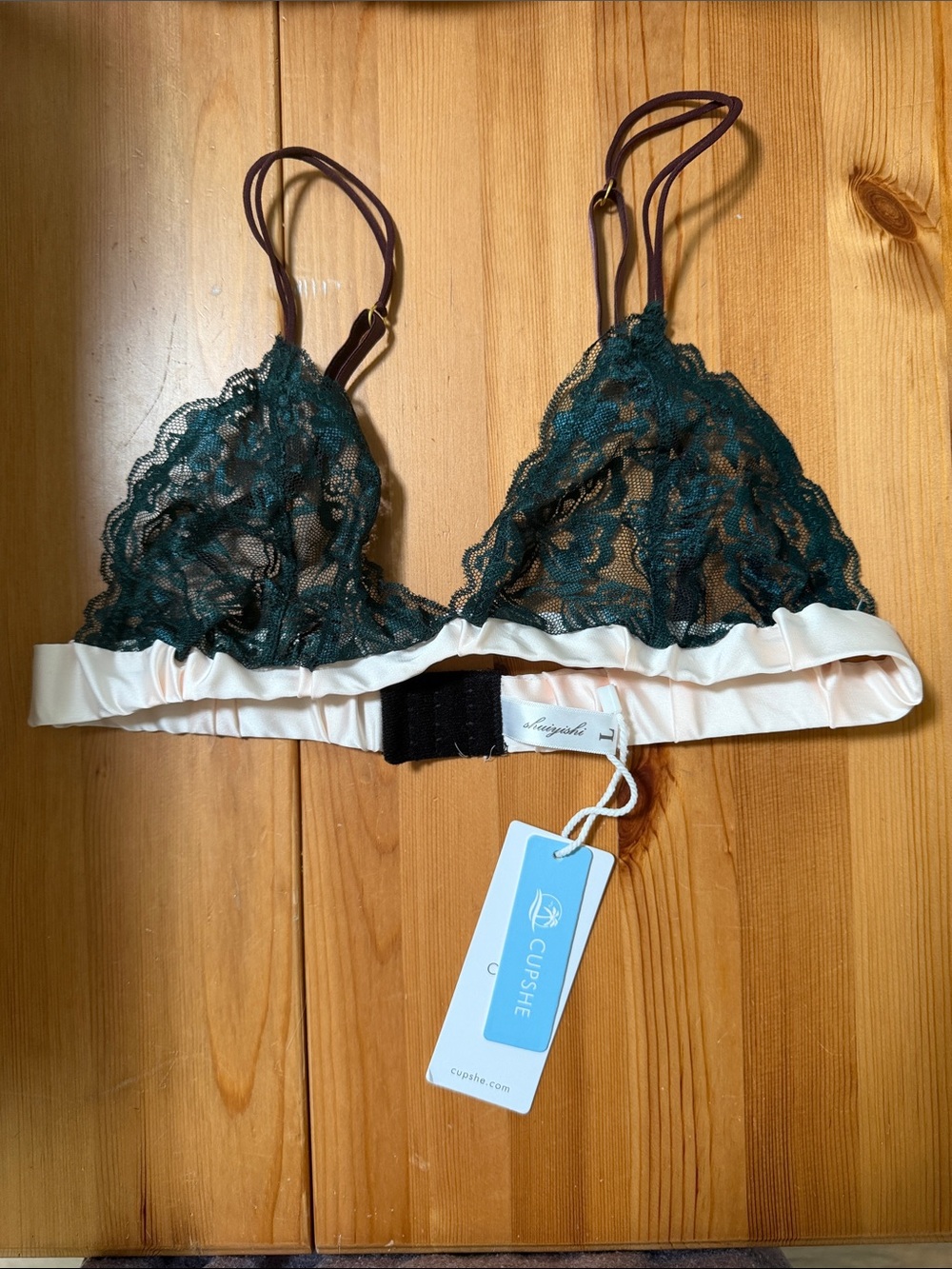 Cupshe Dark Teal Lace Bralette with Cream Band and Brown Straps
